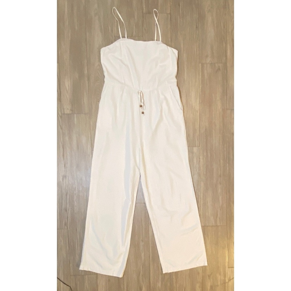 Japna Linen Wide Leg Sleeveless Jumpsuit Women's Sz L Beige Smocked Back Comfort